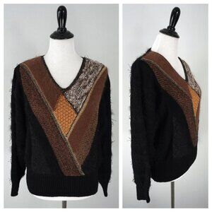 Vintage Madeleine V-Neck Gray Brown Knit Rabbit Mohair Angora Sweater Medium